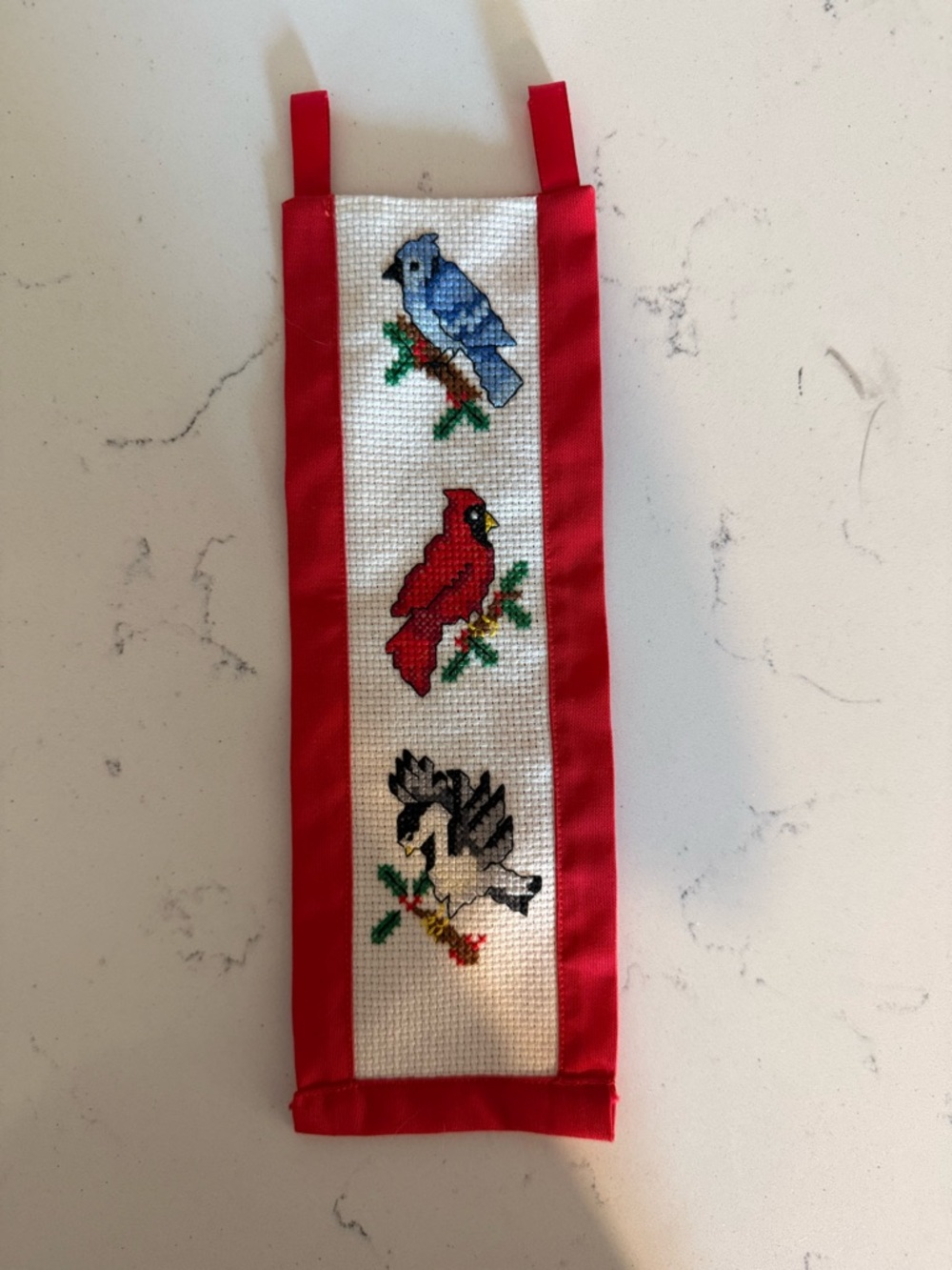 Hand-Embroidered Bird Bookmark with Red Trim